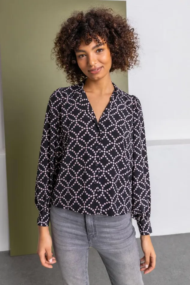 Women Black Spot Print Buttoned Blouse Roman Tops