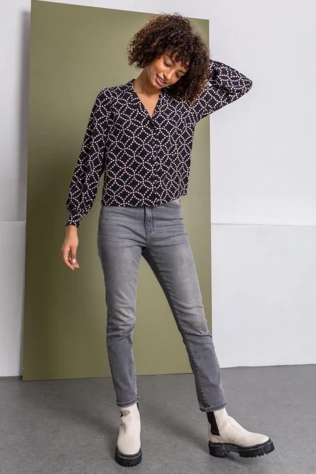 Women Black Spot Print Buttoned Blouse Roman Tops