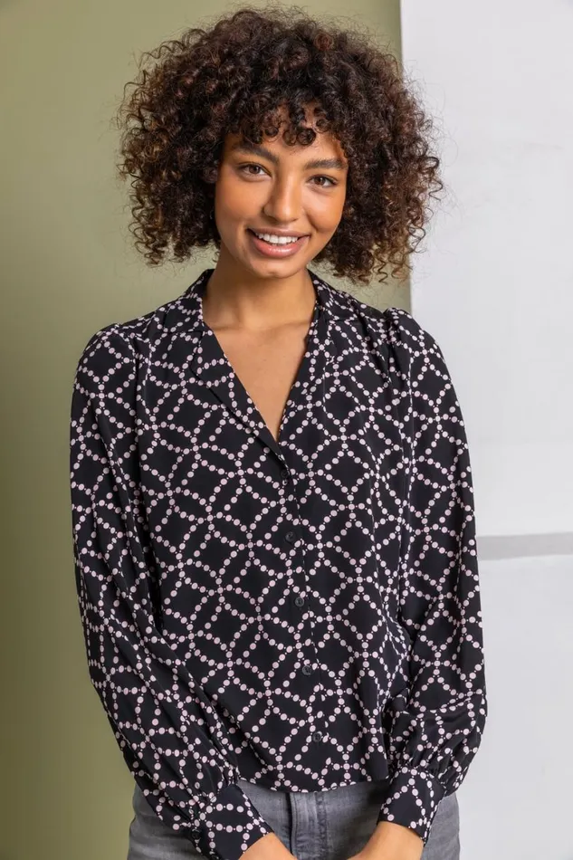 Women Black Spot Print Buttoned Blouse Roman Tops