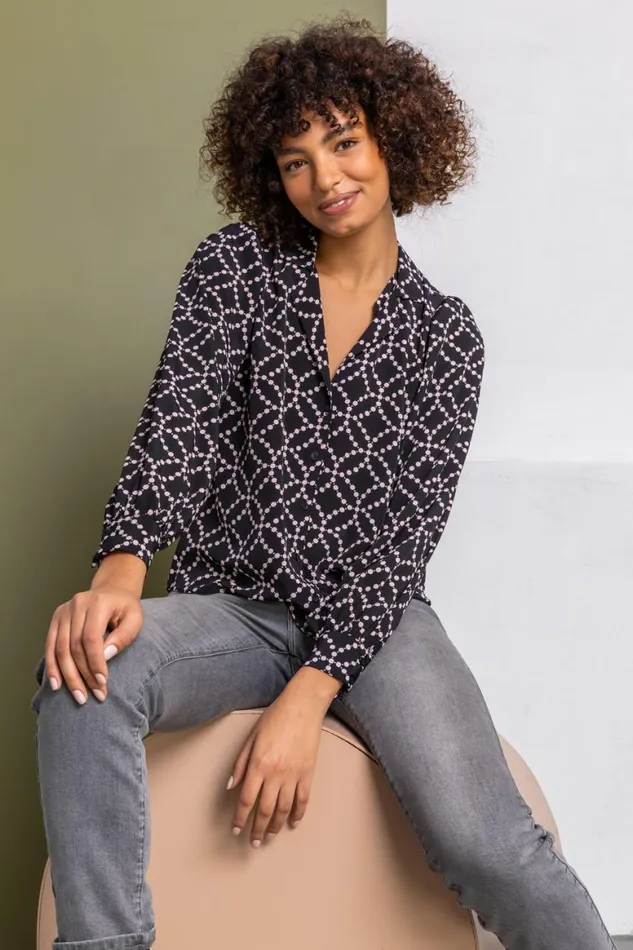 Women Black Spot Print Buttoned Blouse Roman Tops