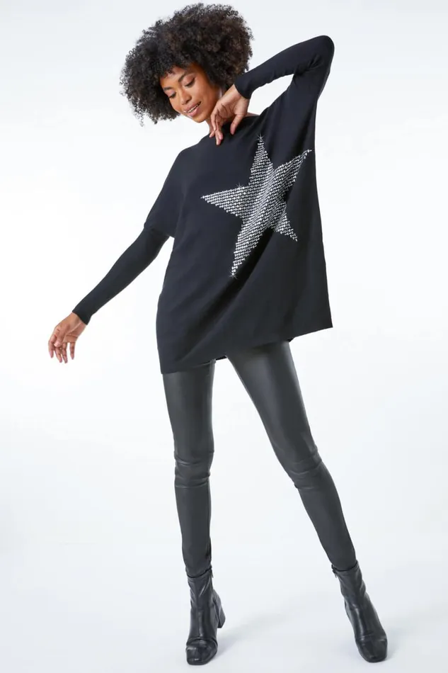 Women Black Star Embellished Sparkle Jumper Roman Knitwear