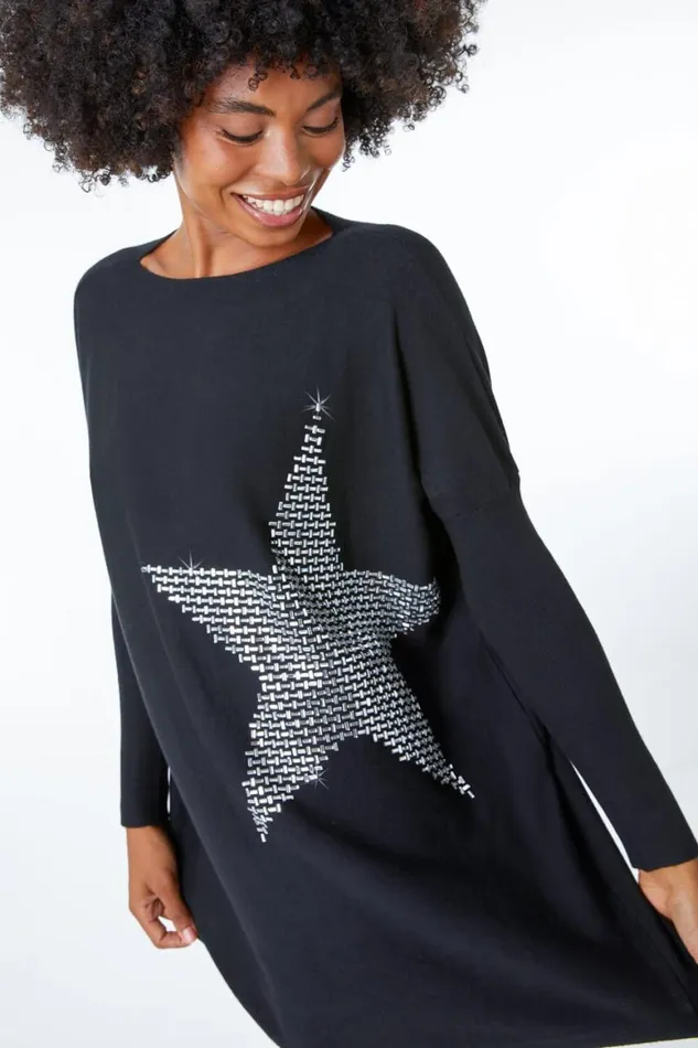 Women Black Star Embellished Sparkle Jumper Roman Knitwear