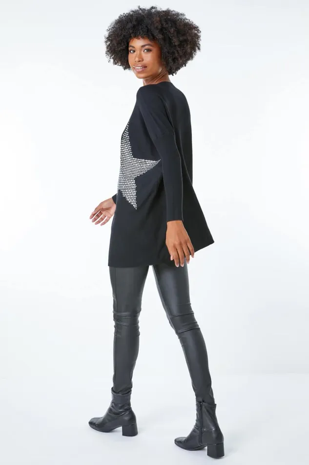Women Black Star Embellished Sparkle Jumper Roman Knitwear