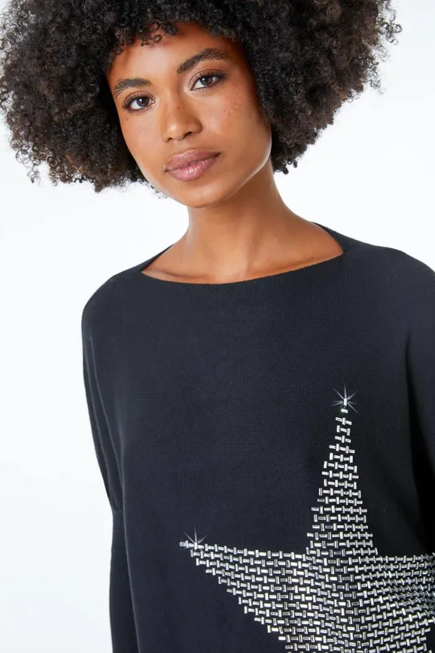 Women Black Star Embellished Sparkle Jumper Roman Knitwear