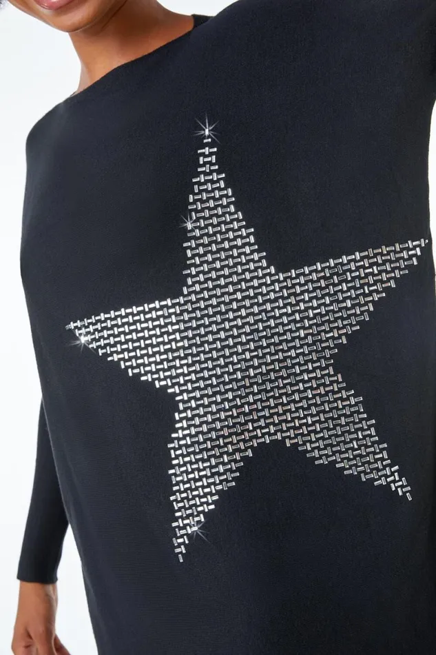 Women Black Star Embellished Sparkle Jumper Roman Knitwear