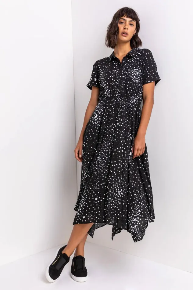 Women Black Star Print Hanky Shirt Dress Roman Dresses