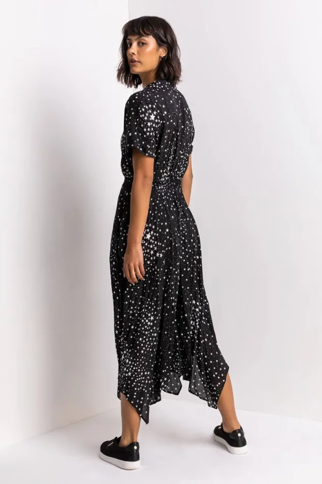 Women Black Star Print Hanky Shirt Dress Roman Dresses