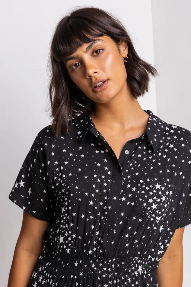 Women Black Star Print Hanky Shirt Dress Roman Dresses