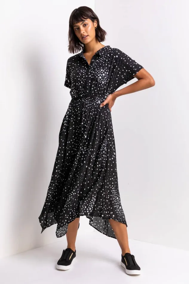 Women Black Star Print Hanky Shirt Dress Roman Dresses
