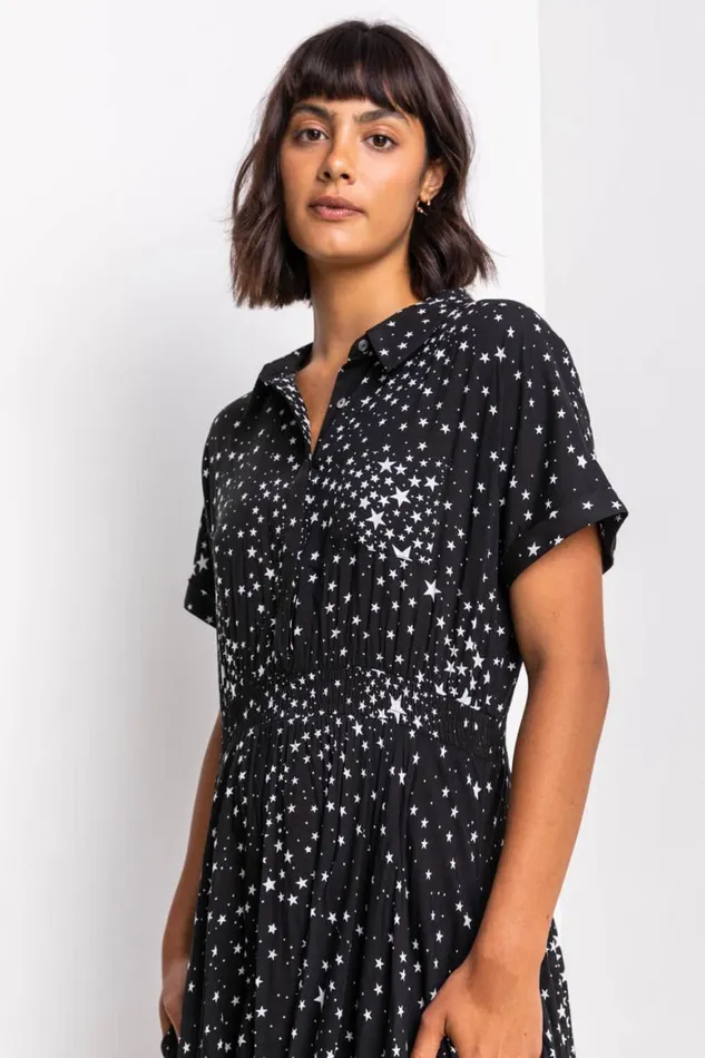 Women Black Star Print Hanky Shirt Dress Roman Dresses
