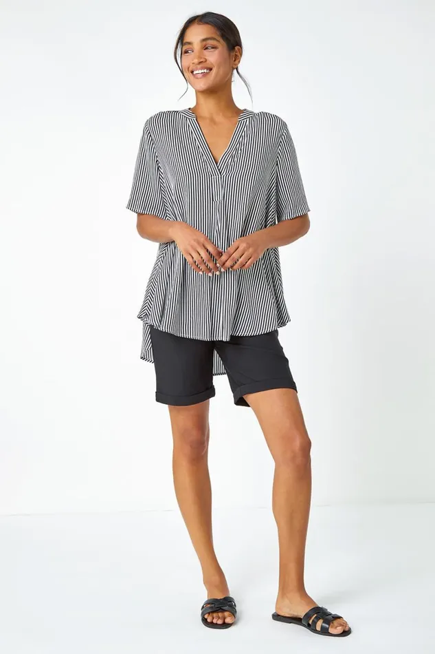 Women Black Stripe Print VNeck Tunic Swing Top Roman Tops