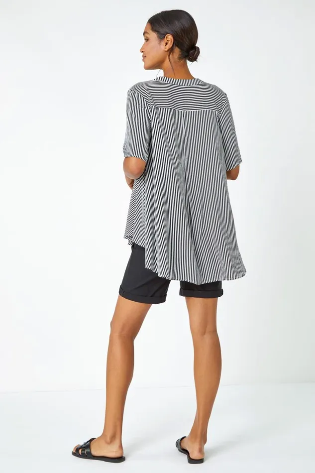 Women Black Stripe Print VNeck Tunic Swing Top Roman Tops