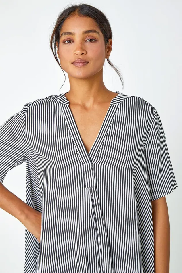 Women Black Stripe Print VNeck Tunic Swing Top Roman Tops