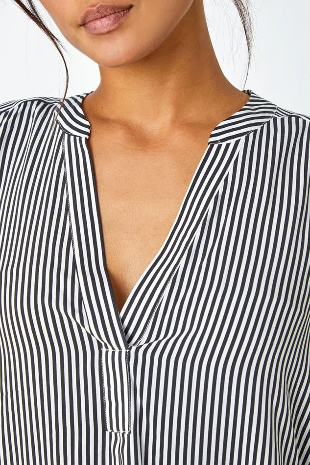Women Black Stripe Print VNeck Tunic Swing Top Roman Tops