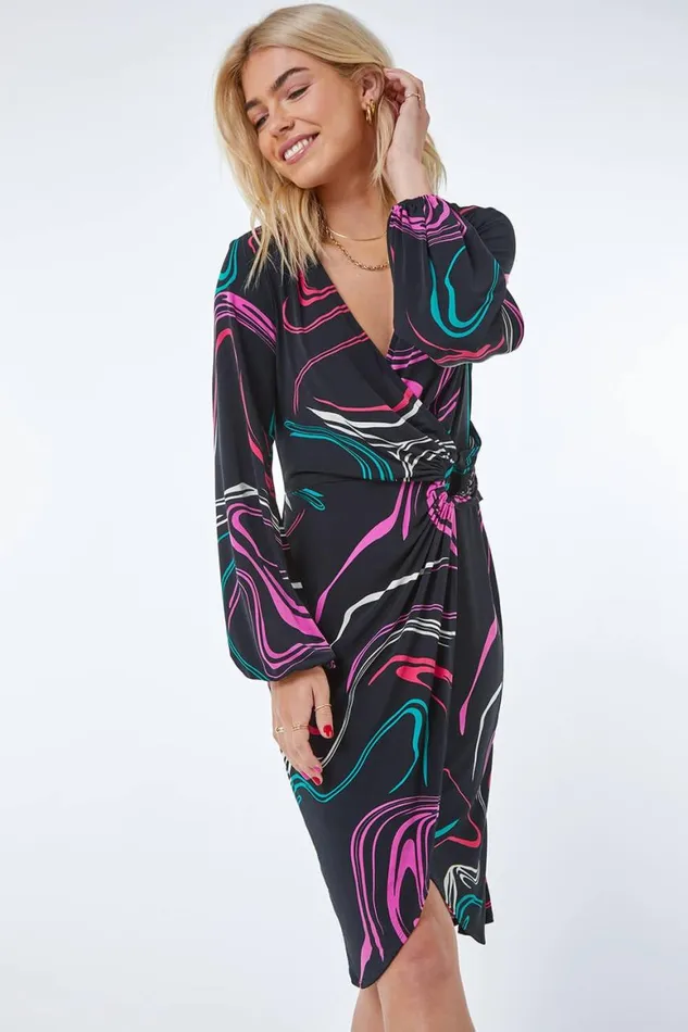 Women Black Swirl Print Ring Buckle Ruched Wrap Dress Roman Dresses