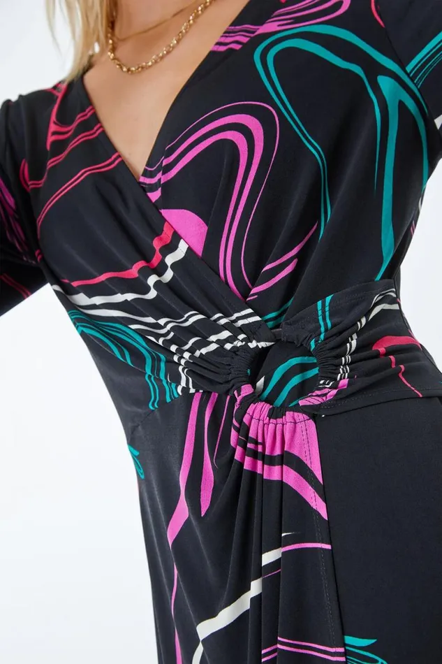 Women Black Swirl Print Ring Buckle Ruched Wrap Dress Roman Dresses