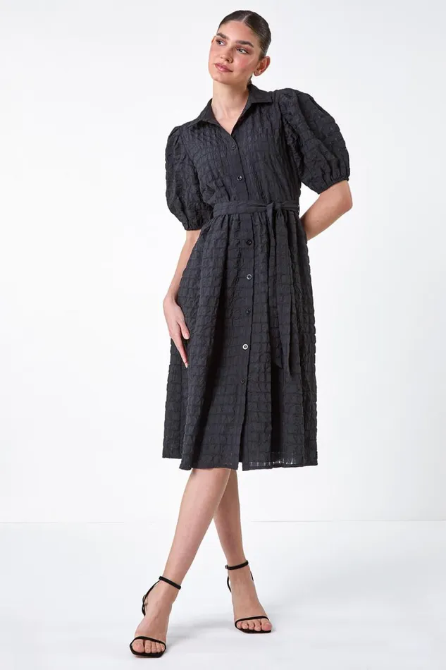 Women Black Textured Puff Sleeve Midi Shirt Dress Roman Dresses