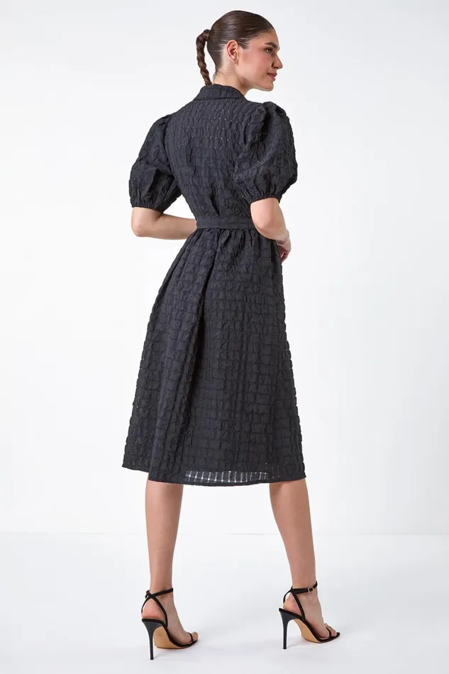 Women Black Textured Puff Sleeve Midi Shirt Dress Roman Dresses