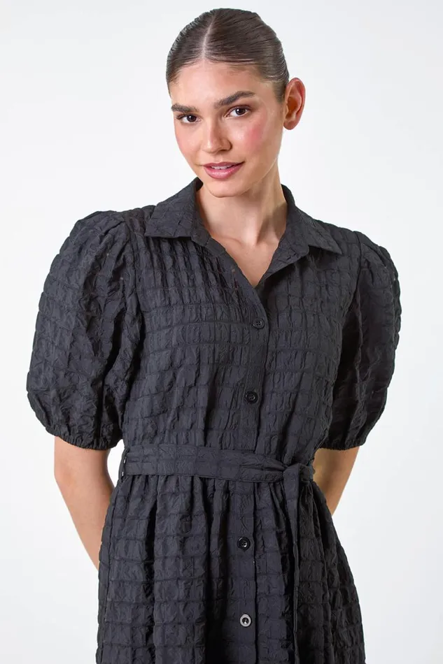 Women Black Textured Puff Sleeve Midi Shirt Dress Roman Dresses