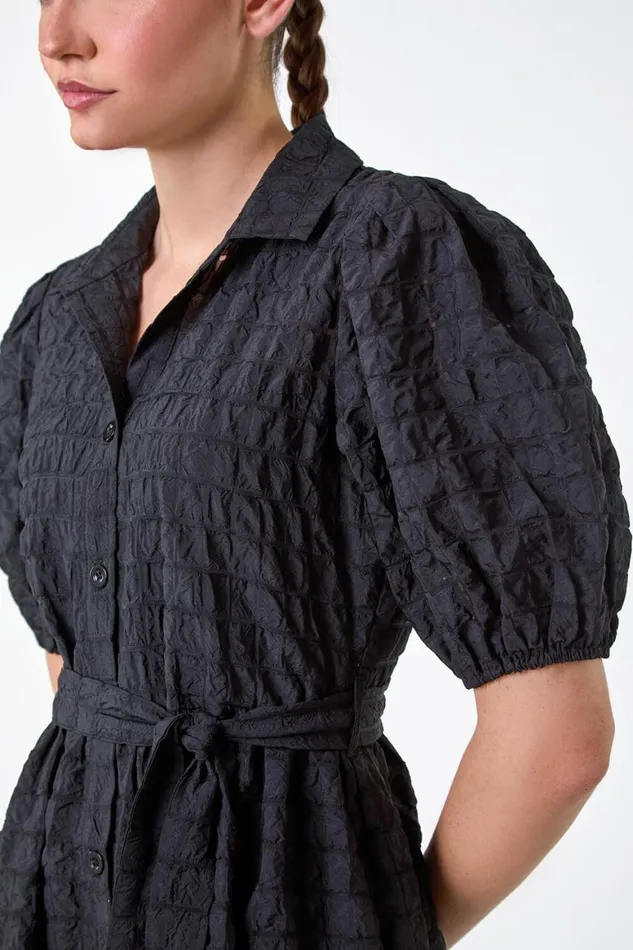 Women Black Textured Puff Sleeve Midi Shirt Dress Roman Dresses