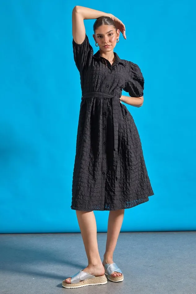 Women Black Textured Puff Sleeve Midi Shirt Dress Roman Dresses