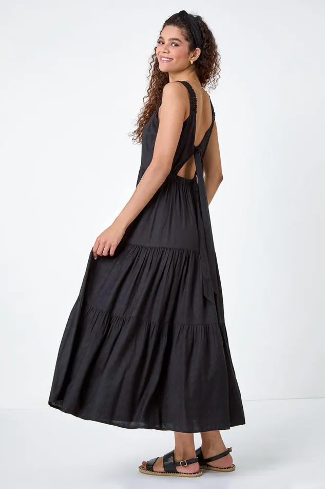 Women Black Textured Tie Back Tiered Maxi Dress Roman Dresses