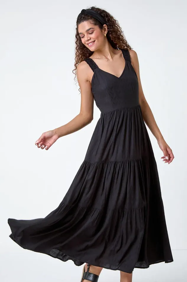 Women Black Textured Tie Back Tiered Maxi Dress Roman Dresses