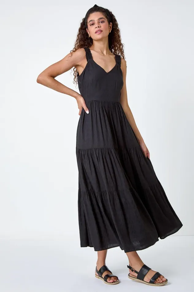 Women Black Textured Tie Back Tiered Maxi Dress Roman Dresses