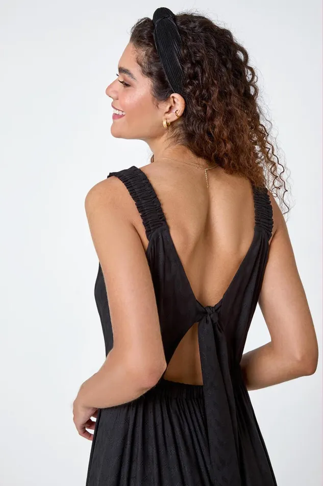 Women Black Textured Tie Back Tiered Maxi Dress Roman Dresses