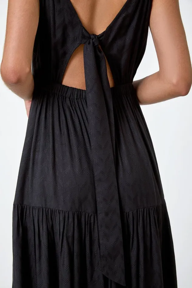 Women Black Textured Tie Back Tiered Maxi Dress Roman Dresses