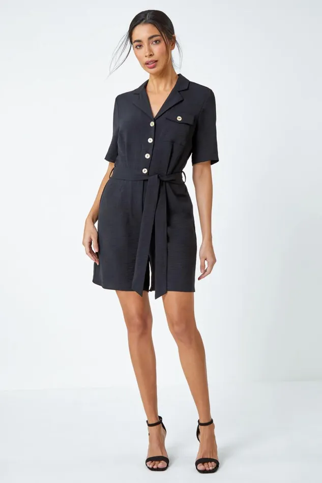 Women Black Textured Tie Waist Playsuit Roman Dresses