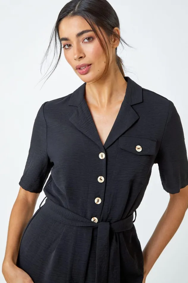 Women Black Textured Tie Waist Playsuit Roman Dresses