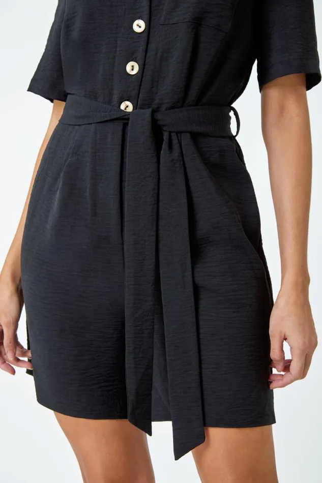 Women Black Textured Tie Waist Playsuit Roman Dresses