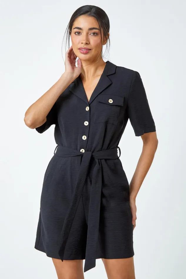 Women Black Textured Tie Waist Playsuit Roman Dresses
