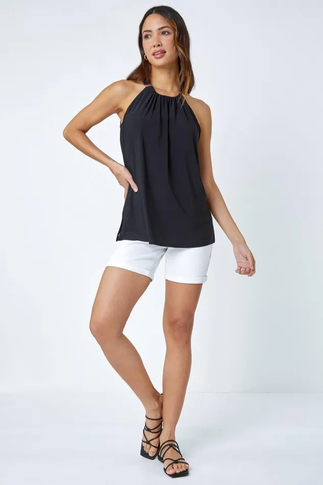 Women Black Tie Back Halter Neck Trim Detail Stretch Top Roman Tops