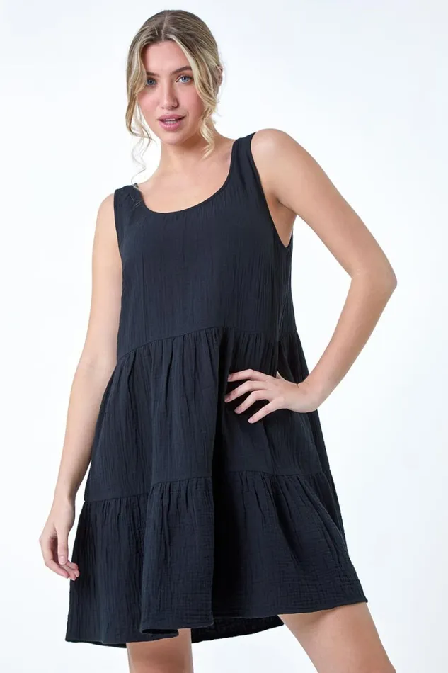 Women Black Tiered ALine Cotton Dress Roman Dresses