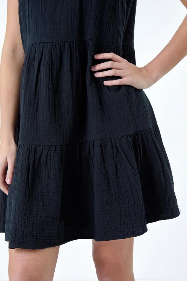 Women Black Tiered ALine Cotton Dress Roman Dresses