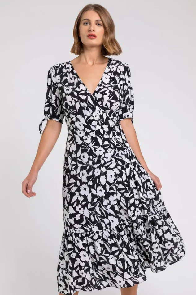 Women Black Tiered Floral Print Wrap Dress Roman Dresses