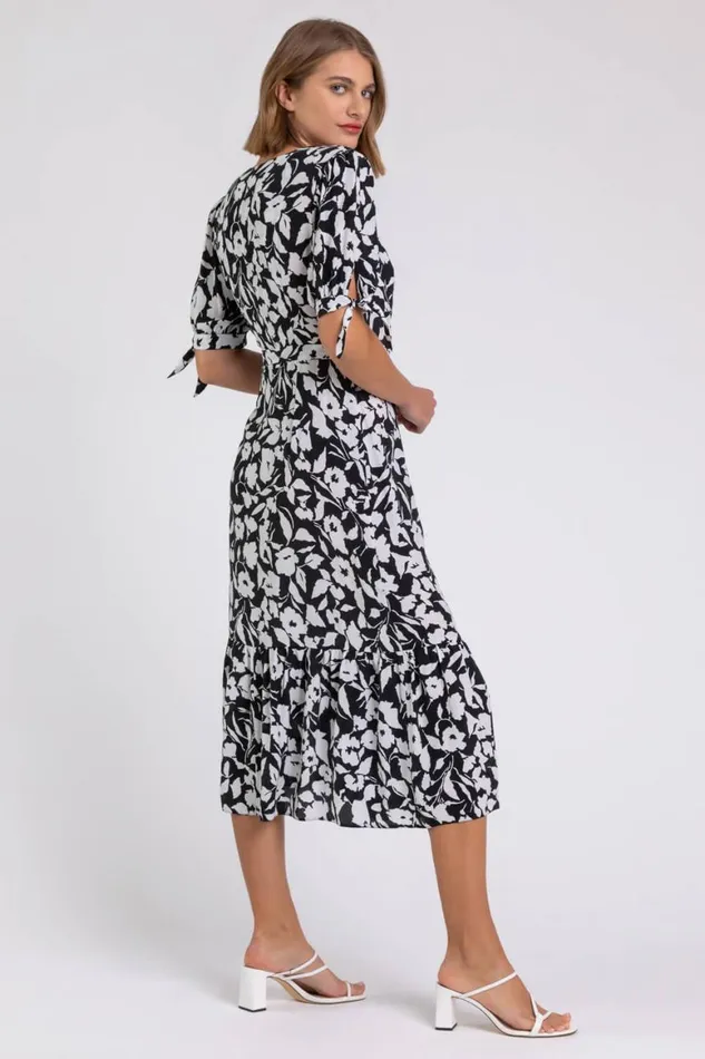 Women Black Tiered Floral Print Wrap Dress Roman Dresses