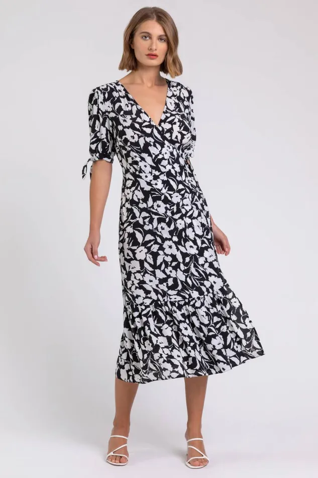 Women Black Tiered Floral Print Wrap Dress Roman Dresses