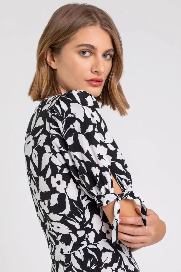Women Black Tiered Floral Print Wrap Dress Roman Dresses