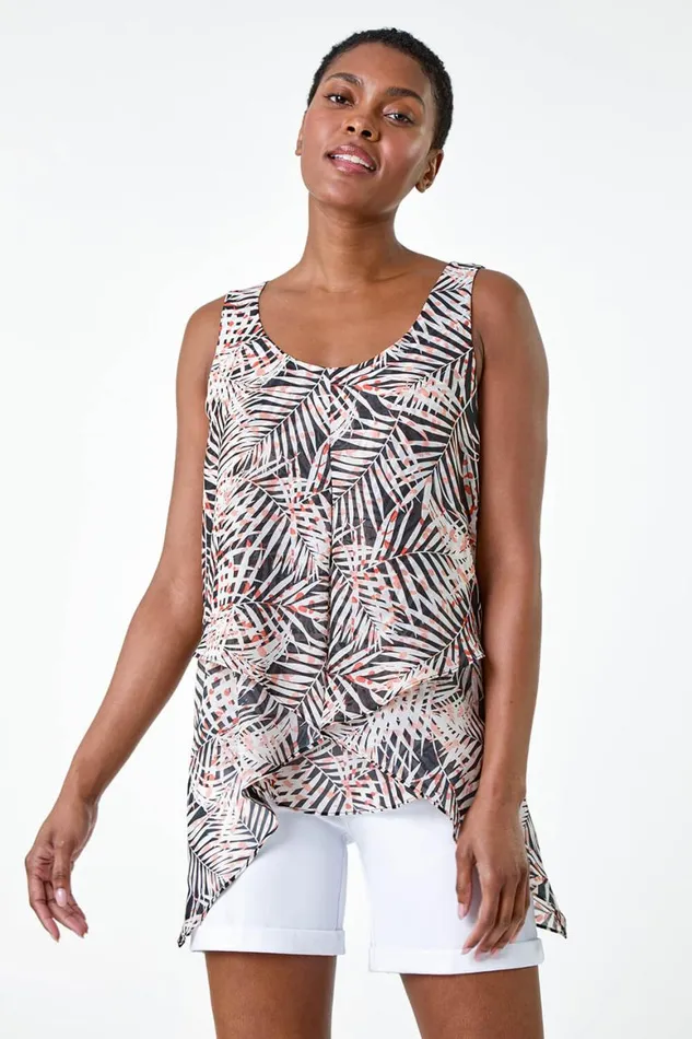 Women Black Tropical Leaf Asymmetric Vest Top Roman Tops