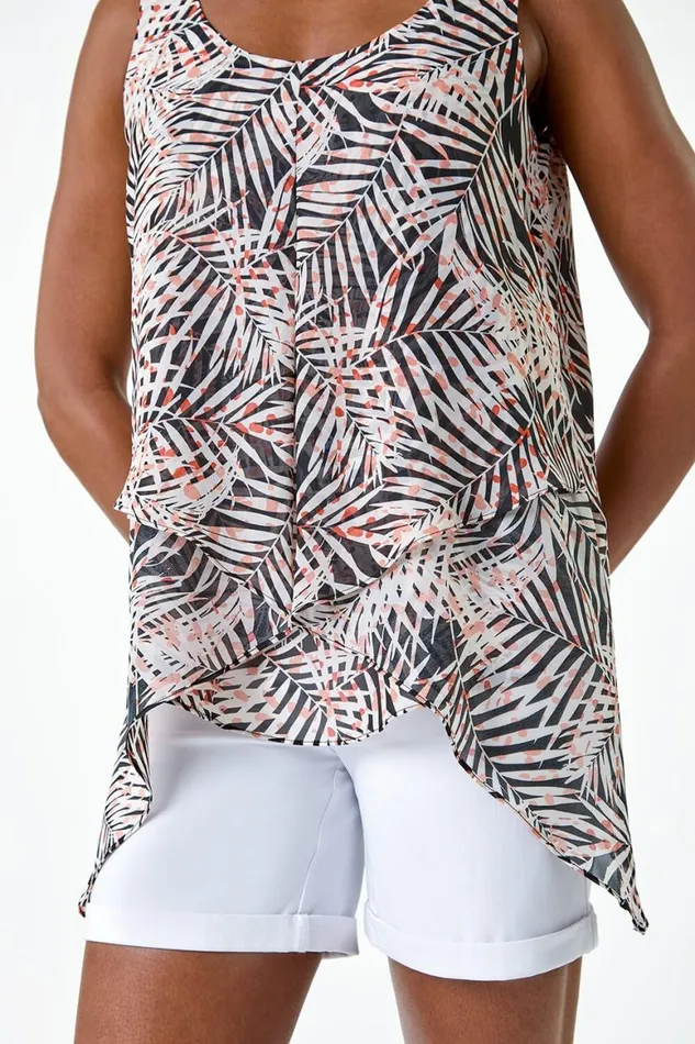 Women Black Tropical Leaf Asymmetric Vest Top Roman Tops