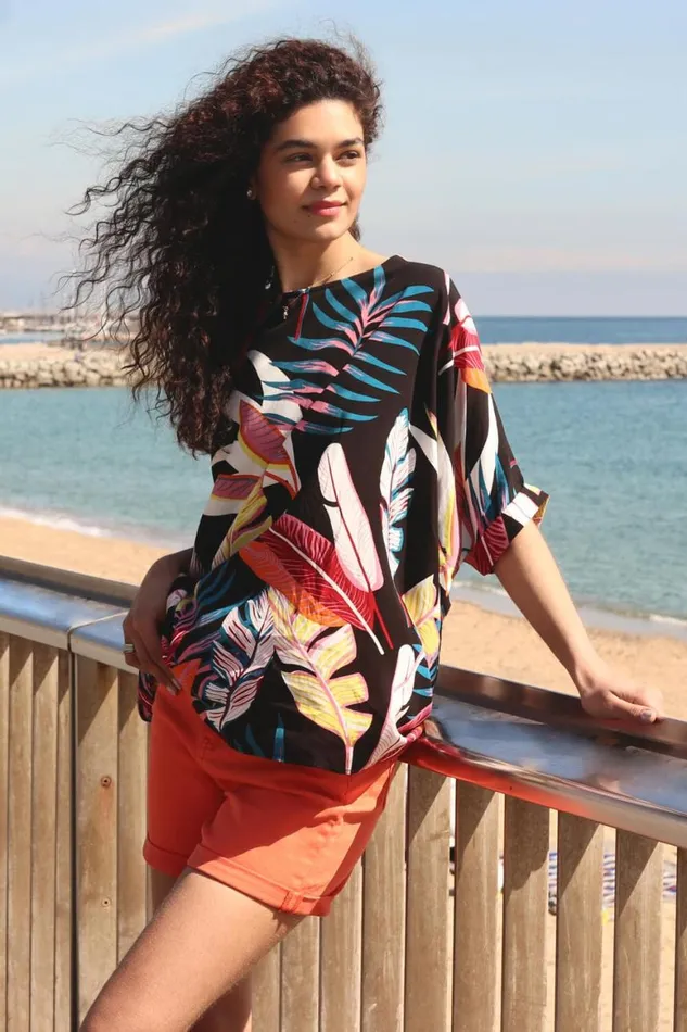 Women Black Tropical Print Button Back Top Roman Tops