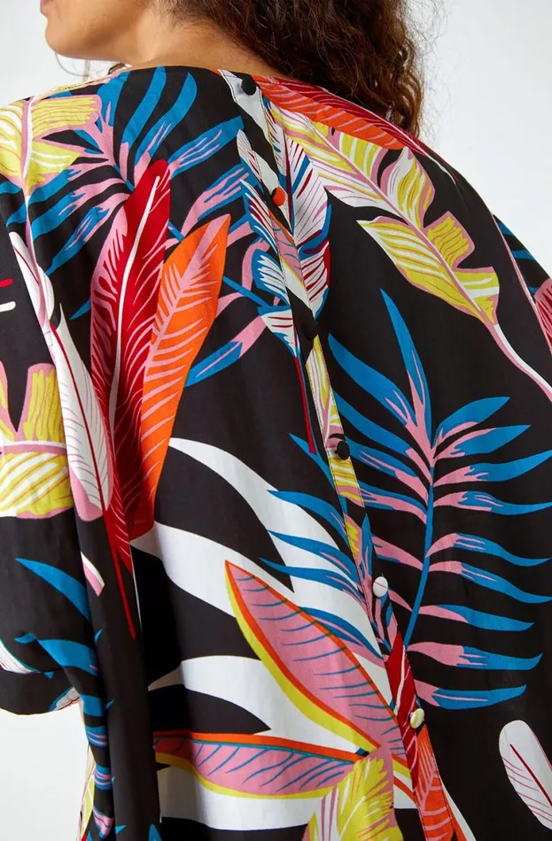 Women Black Tropical Print Button Back Top Roman Tops