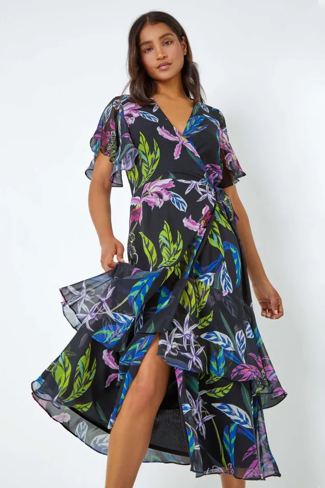 Women Black Tropical Print Chiffon Tiered Wrap Midi Dress Roman Dresses
