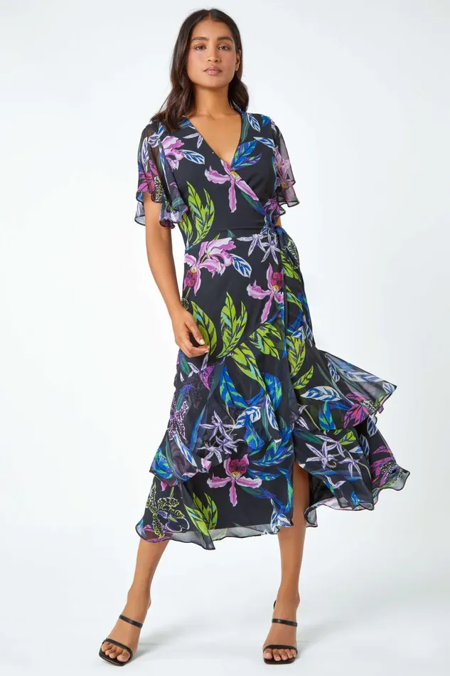 Women Black Tropical Print Chiffon Tiered Wrap Midi Dress Roman Dresses