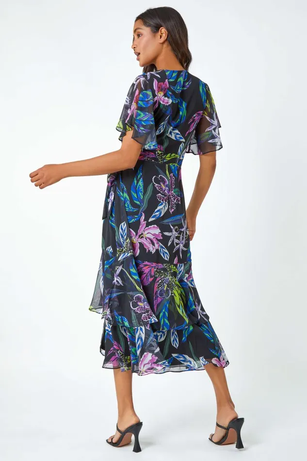 Women Black Tropical Print Chiffon Tiered Wrap Midi Dress Roman Dresses