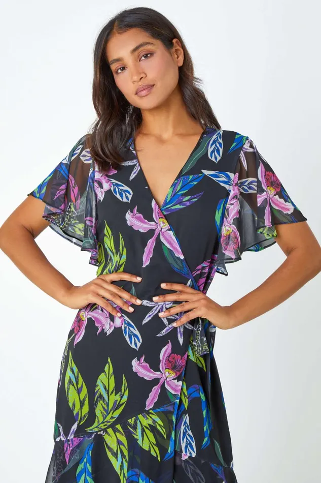 Women Black Tropical Print Chiffon Tiered Wrap Midi Dress Roman Dresses