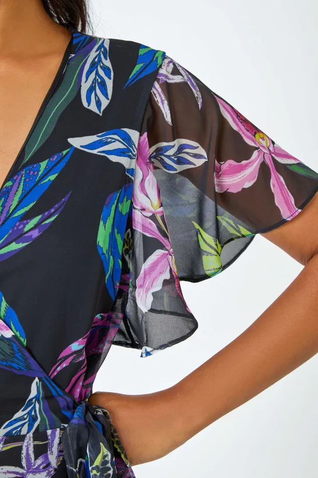 Women Black Tropical Print Chiffon Tiered Wrap Midi Dress Roman Dresses